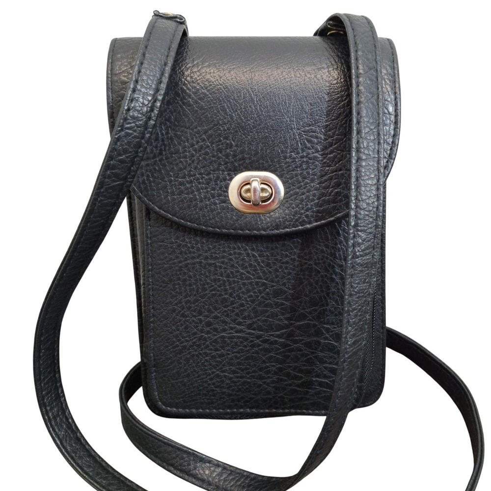 Black Pebbled Leather Crossbody Wallet Bag with Built-in Calculator and Pen Loop